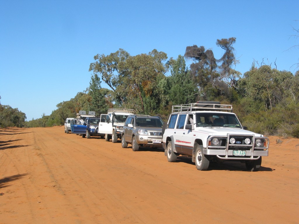 Convoy of 4WDs on park track
