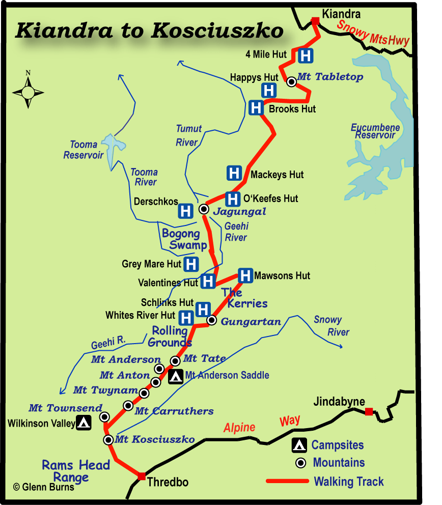 Map of hike from Kiandra to Mt Kosciuszko.