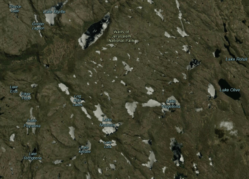 Satellite image of glacial lakes. Walls of Jerusalem. Tasmania.