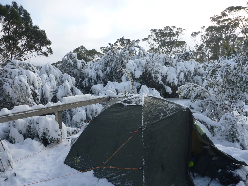 Salewa Sierra Leone on tent platform. Wild Dog Creek. Walls of Jerusalem. Tasmania.