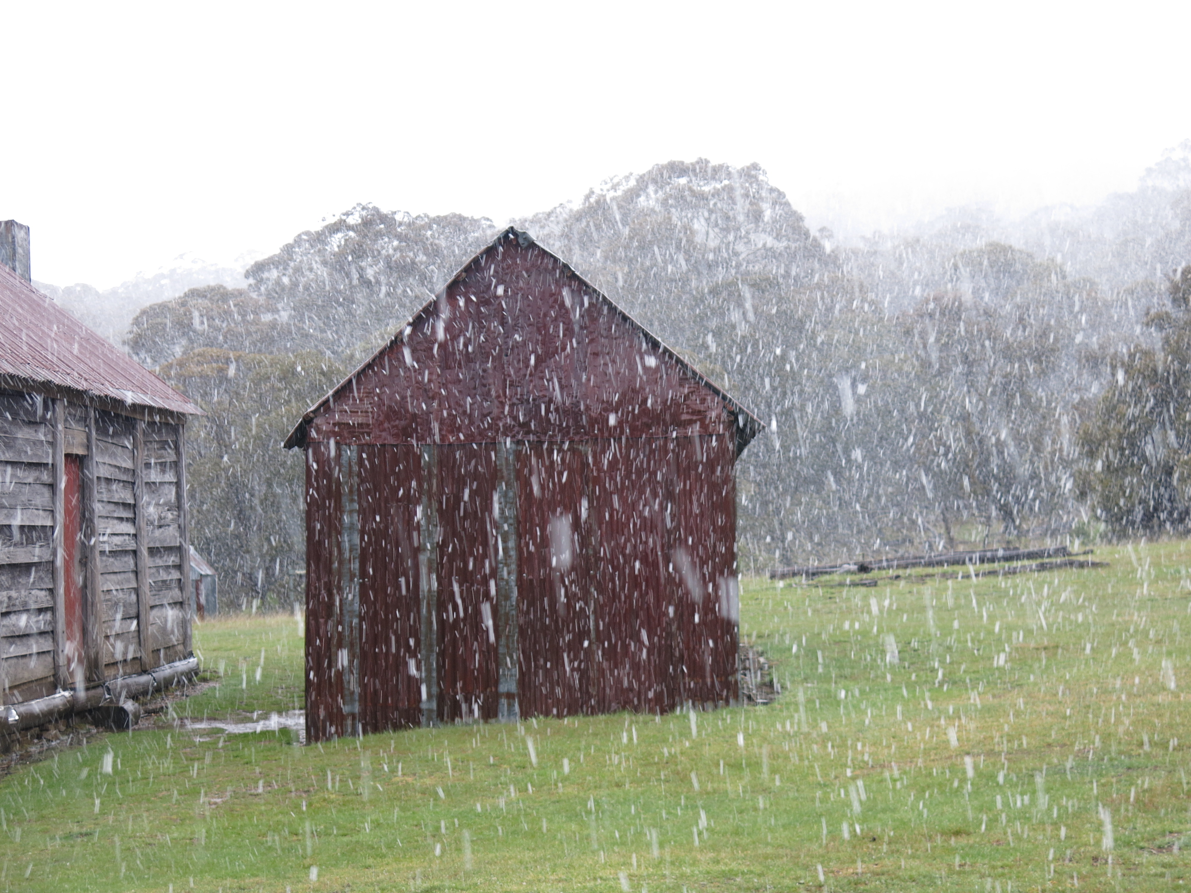 Coolamine Homestead in light snow fall Kosciuszko National Park.