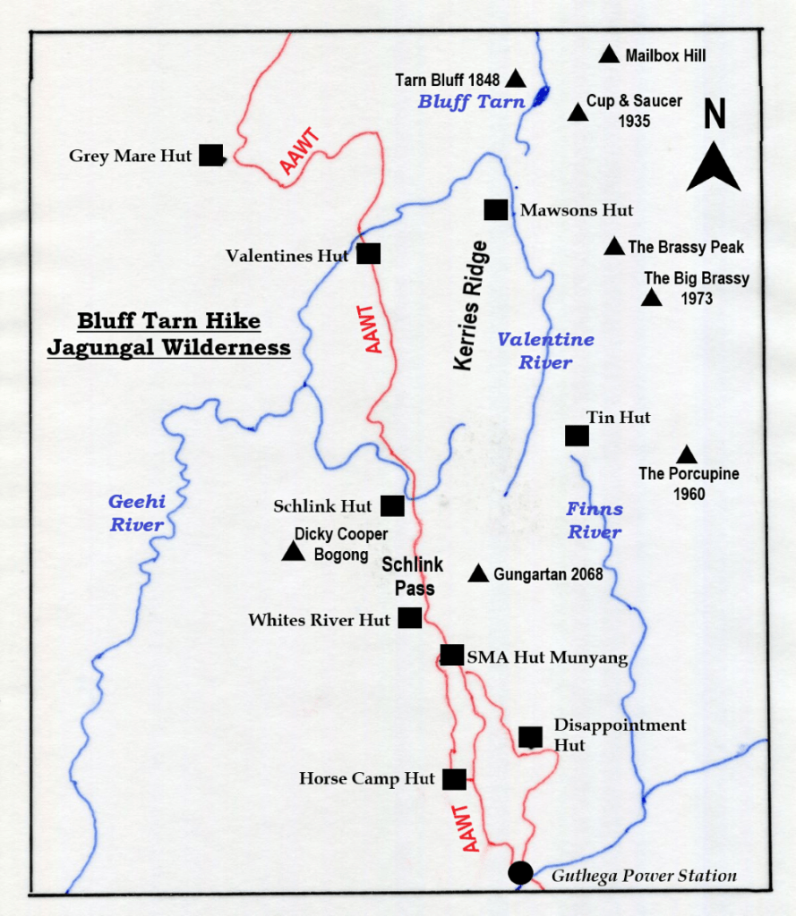 Map of Bluff Tarn & Jagungal Wilderness. . Kosciuszko National Park.