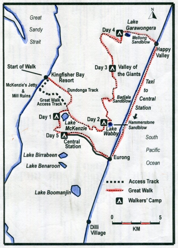 Map of one of our hikes on northern section of K'gari / Fraser Island Great Walk.