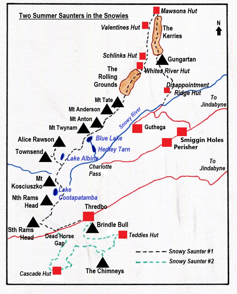 Map of Main Range hike in Kosiuszko National Park. 10 main peaks