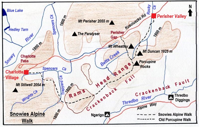 Map of Charlotte Village to Perisher via Porcupine Rocks. Snowy alpine Walk.