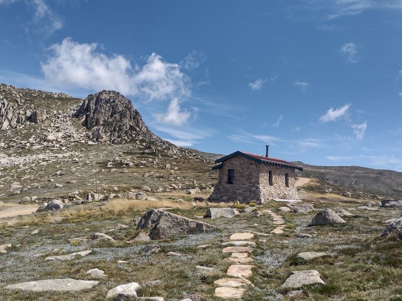 Seamans Hut with Etheridge Ridge in background. Kosciuszko National Park.