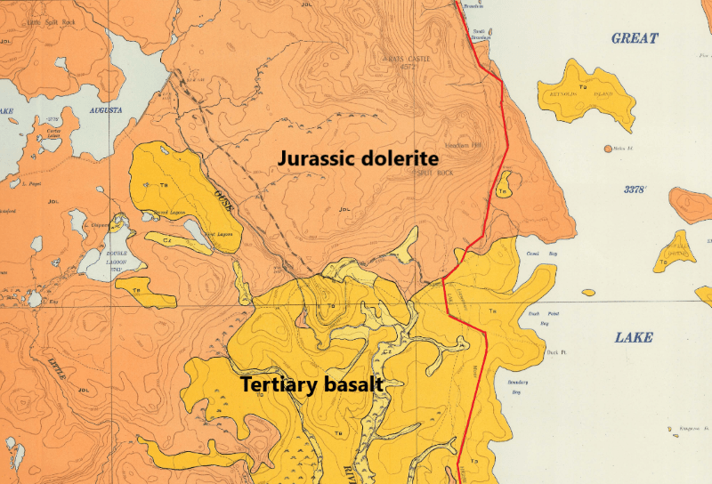 Geology map of section of Central Plateau. Tasmania.