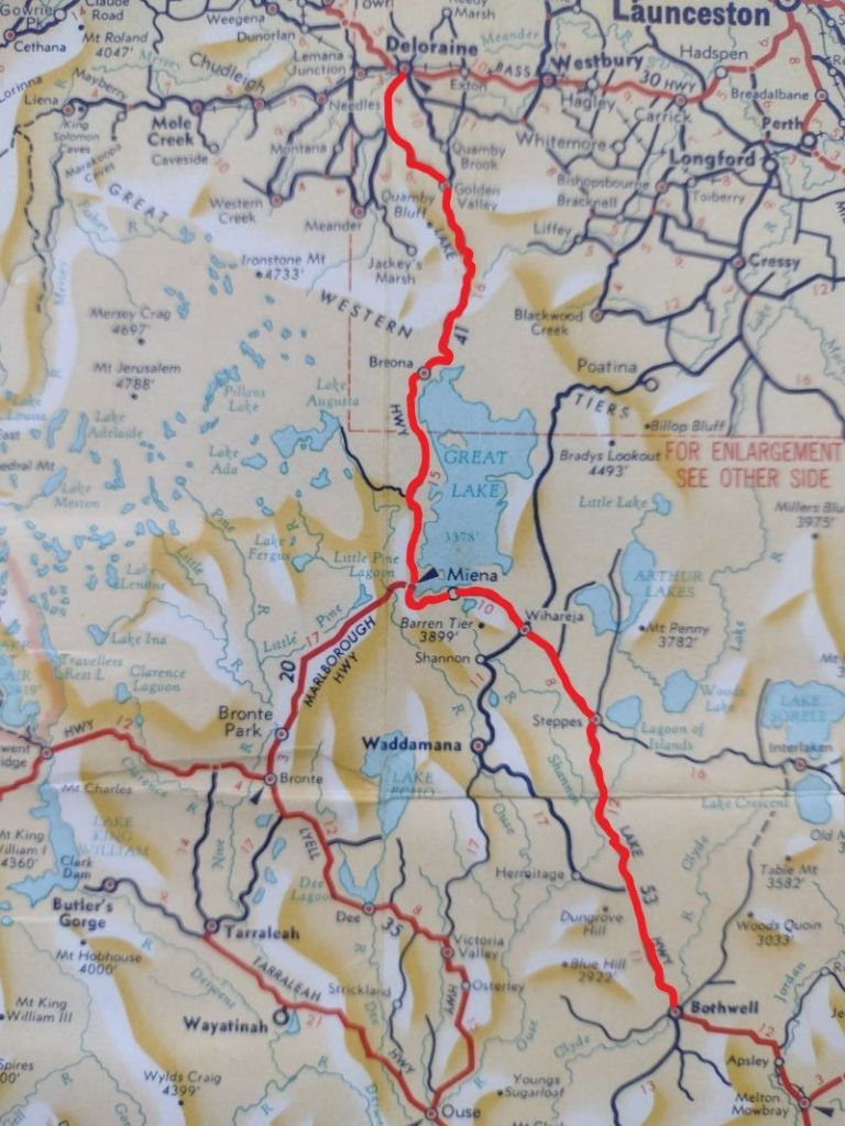 Road map of Highland Lakes Highway. Central Plateau . Tasmania