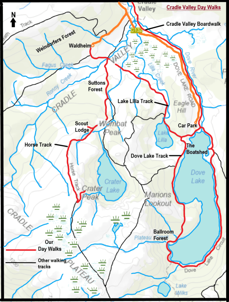 Map showing day walks around Cradle Valley.