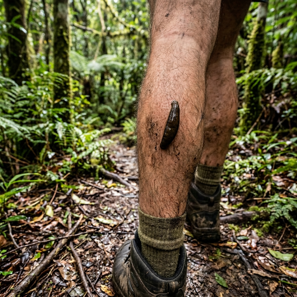 Leech attached to a hiker’s leg on a muddy forest trail
